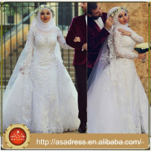 2015 Últimos vestidos de novia musulmanes Hijab de tren desmontable de encaje de manga larga